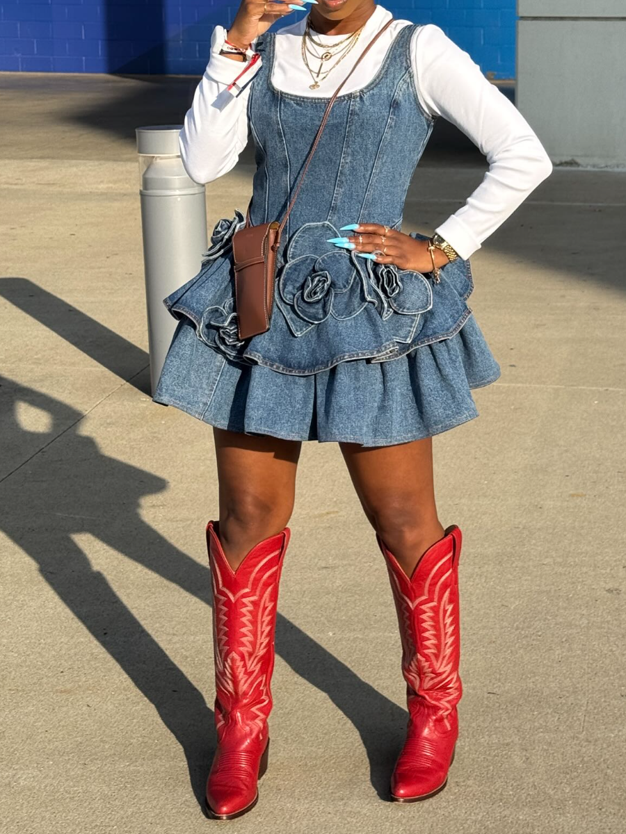 Adorable Flower Denim Dress