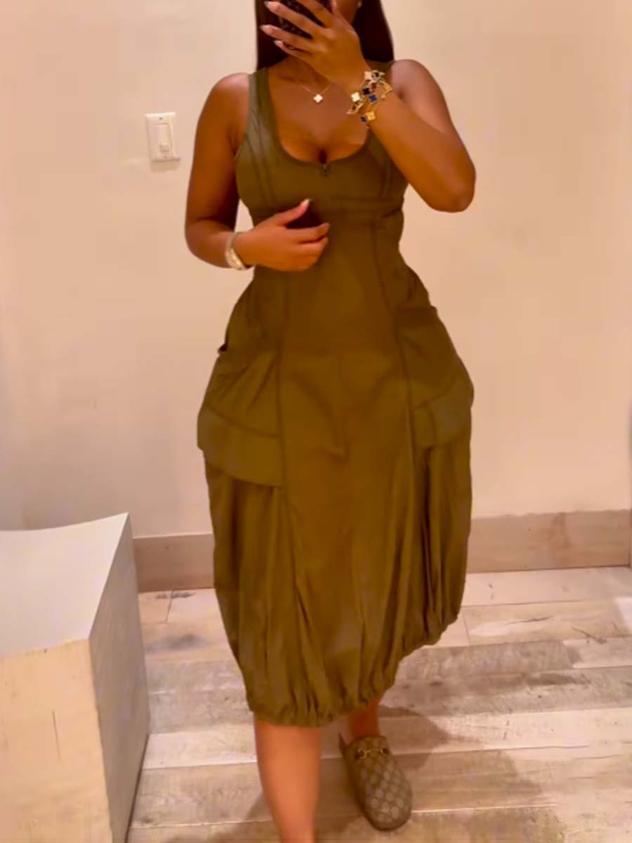 Scoop Neck Pockets Bubble-hem Midi Dress