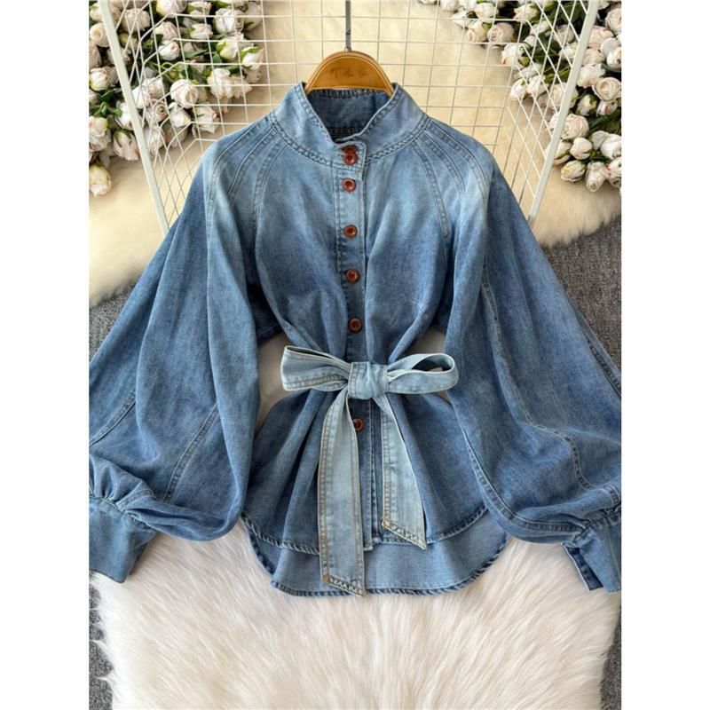 Chic Lantern Sleeve Denim Blouse