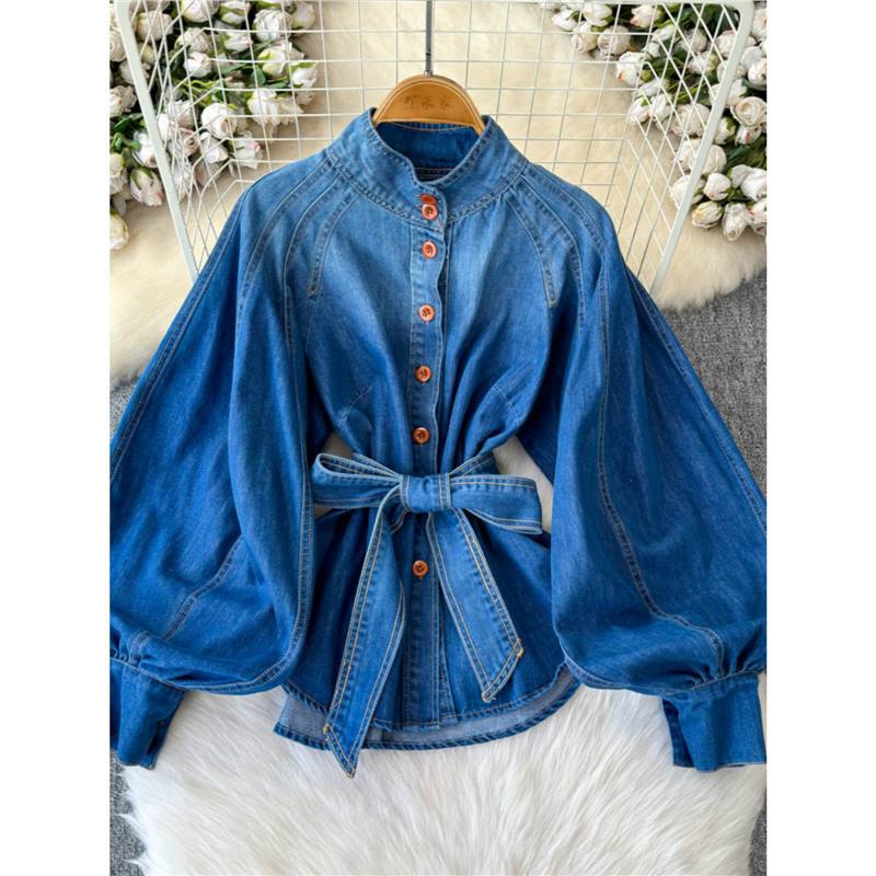 Chic Lantern Sleeve Denim Blouse