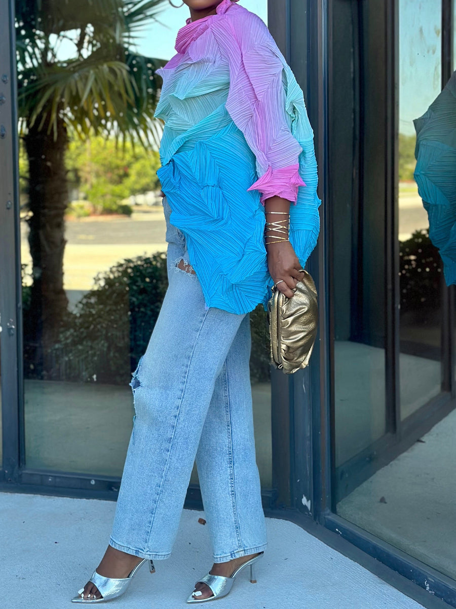 Pleated Multi-color Quarter Length Sleeve Dress