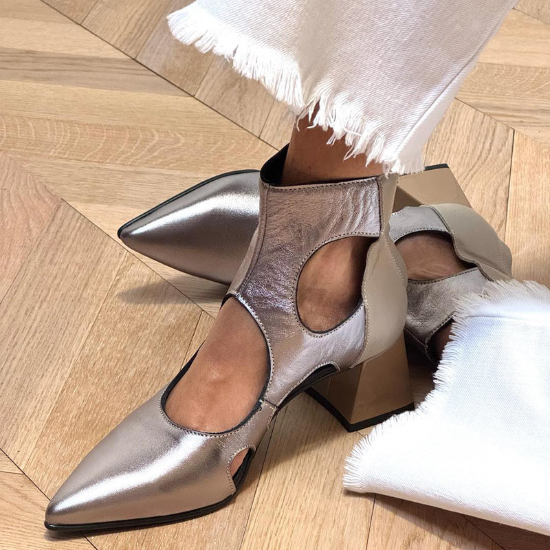 Pointed Block Heel Cutout Ankle Boots