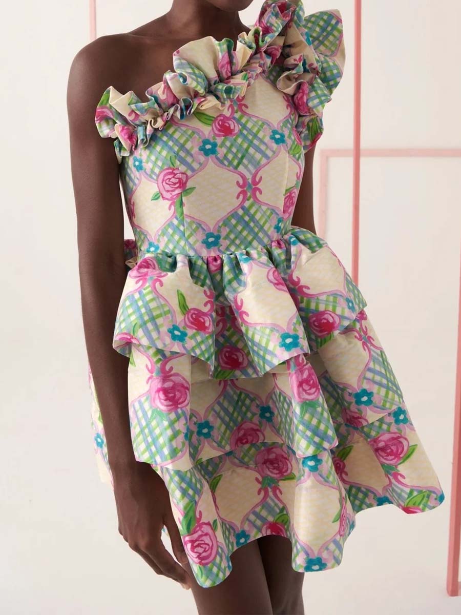 Floral Print Ruffled One-sleeve Dress