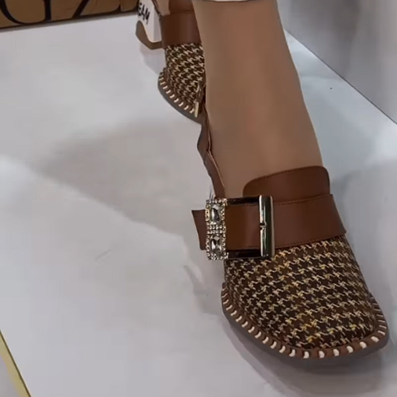 Houndstooth Print Square-Heeled Shoes