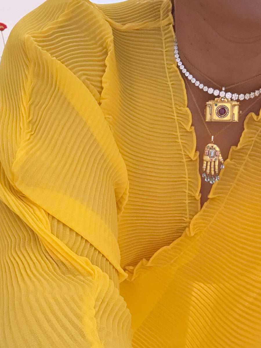 Deep V Neck Pleated Slit Hem Dress