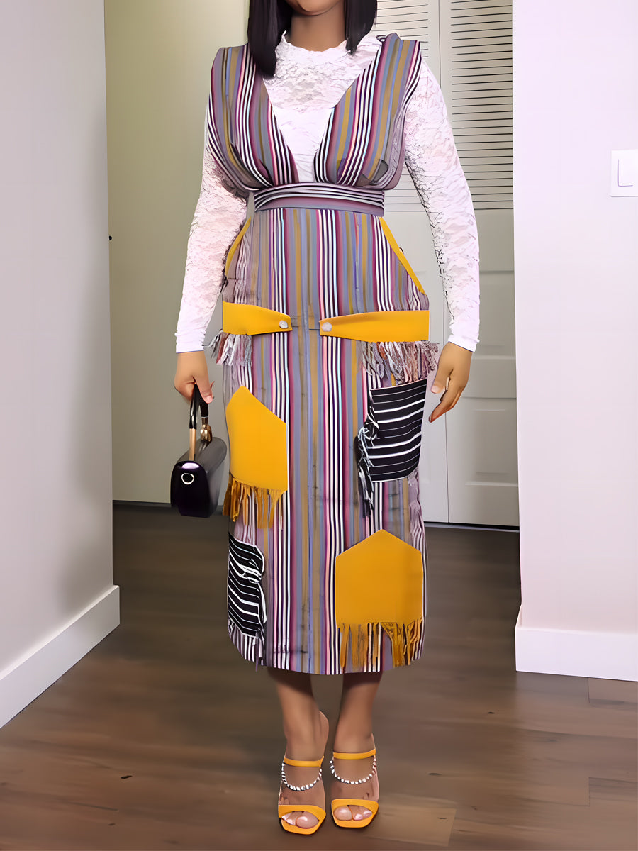 Patchwork Striped Overalls Dress