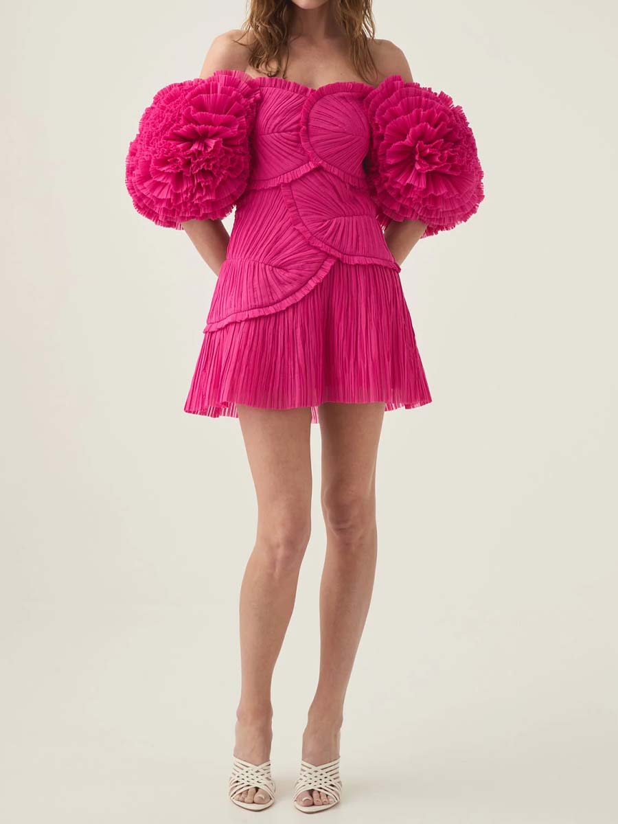 Off Shoulder Puff Sleeve Pleated Dress