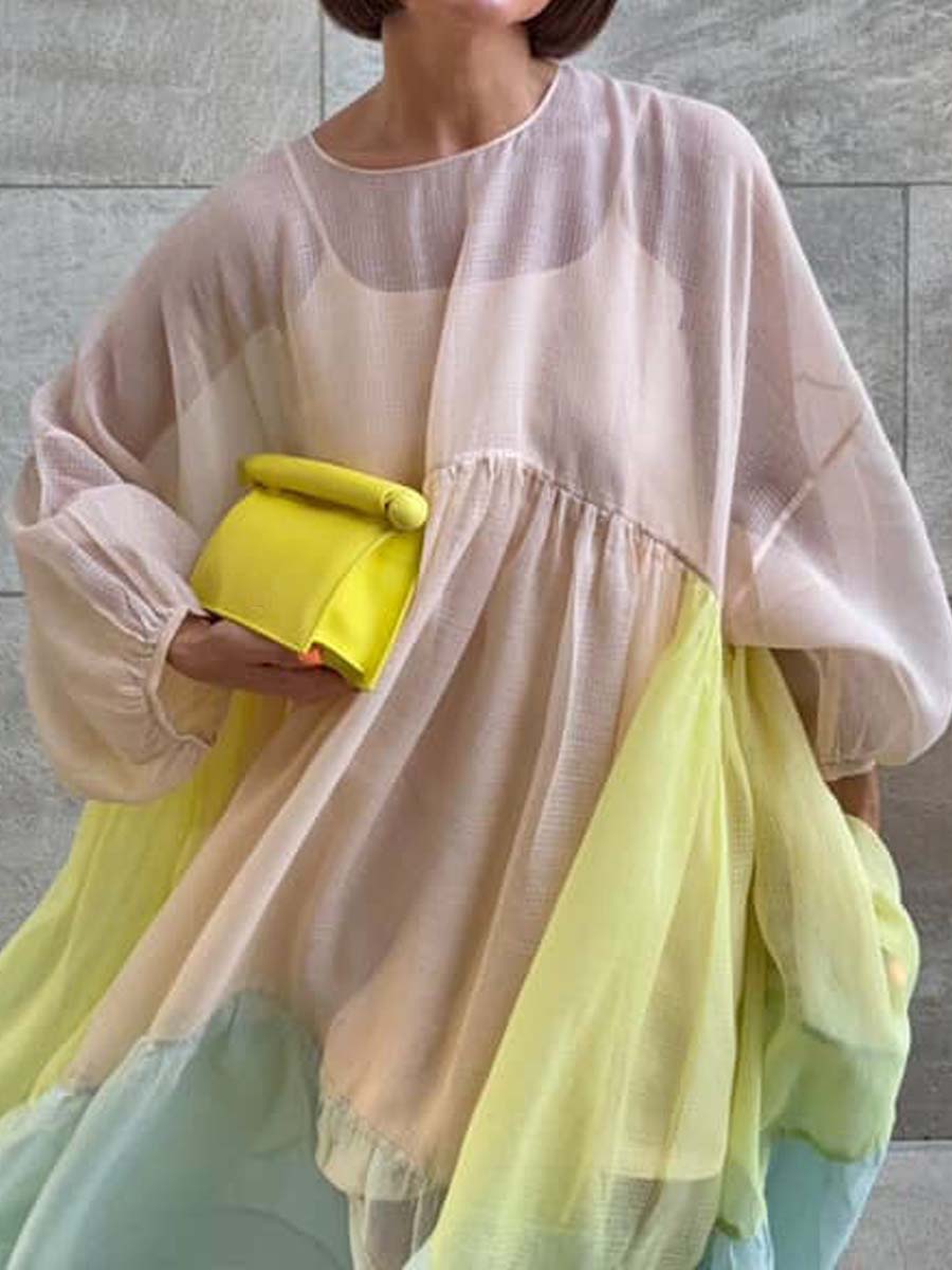 Loose Color Block See-through Dress