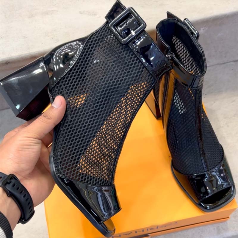 Thick-Heeled Fishmouth Mesh Ankle Boots