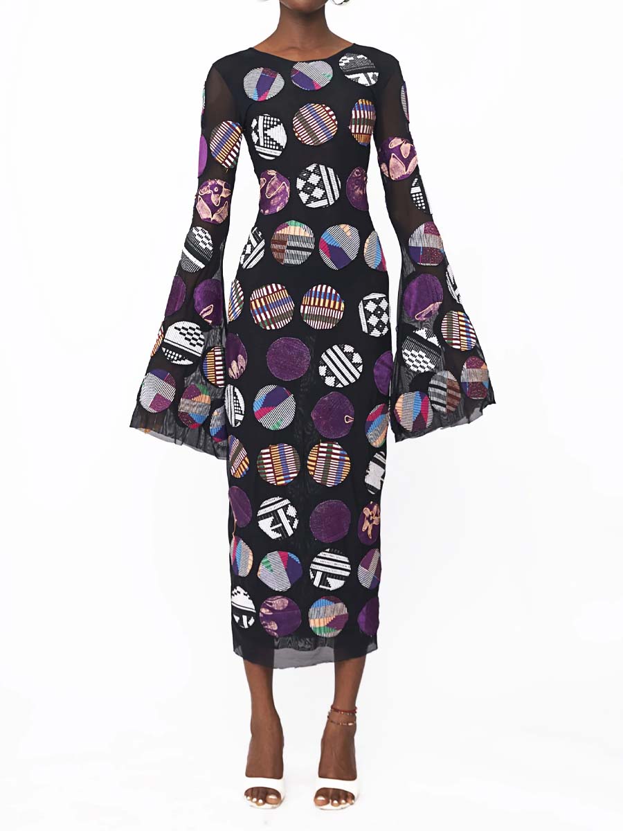 Printed Flare Sleeve Stretch Dress