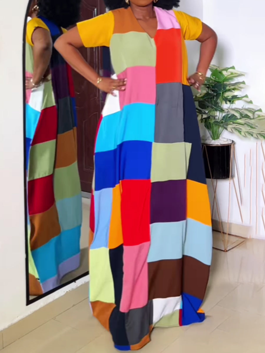 Fashion V Neck Color Block Dress