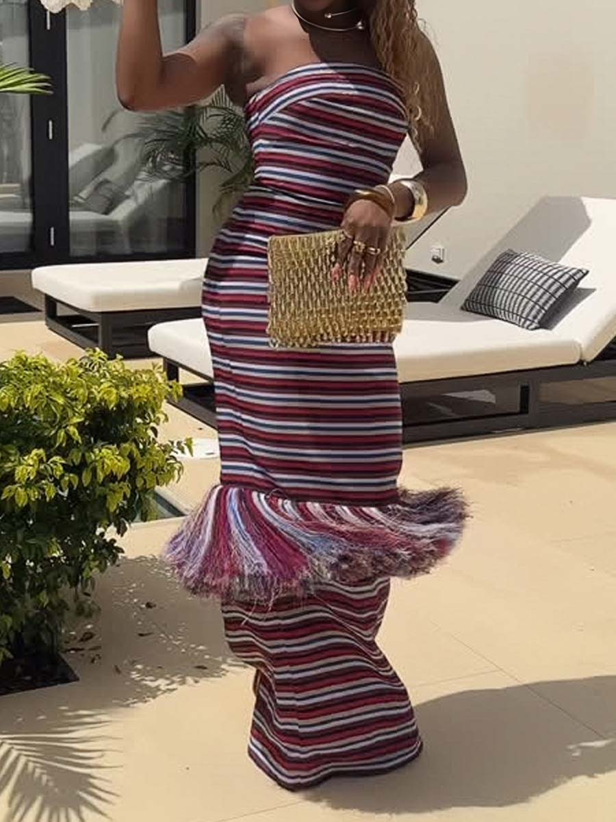 Striped Print Strappless Tassles Dress