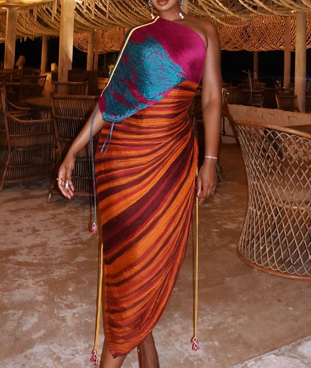 Printed Multicolor Pleated Irregular Dress