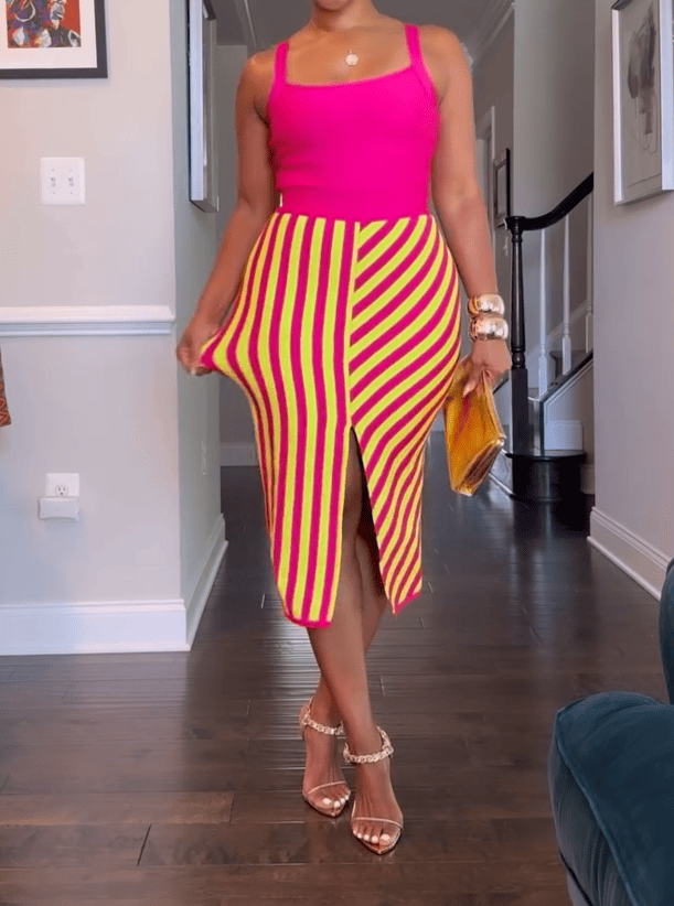 Multi-color Patchwork Striped Midi Dress