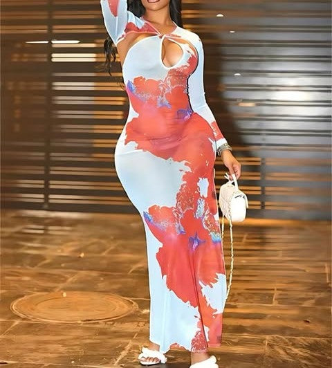 Mesh Floral Cut Out Maxi Dress