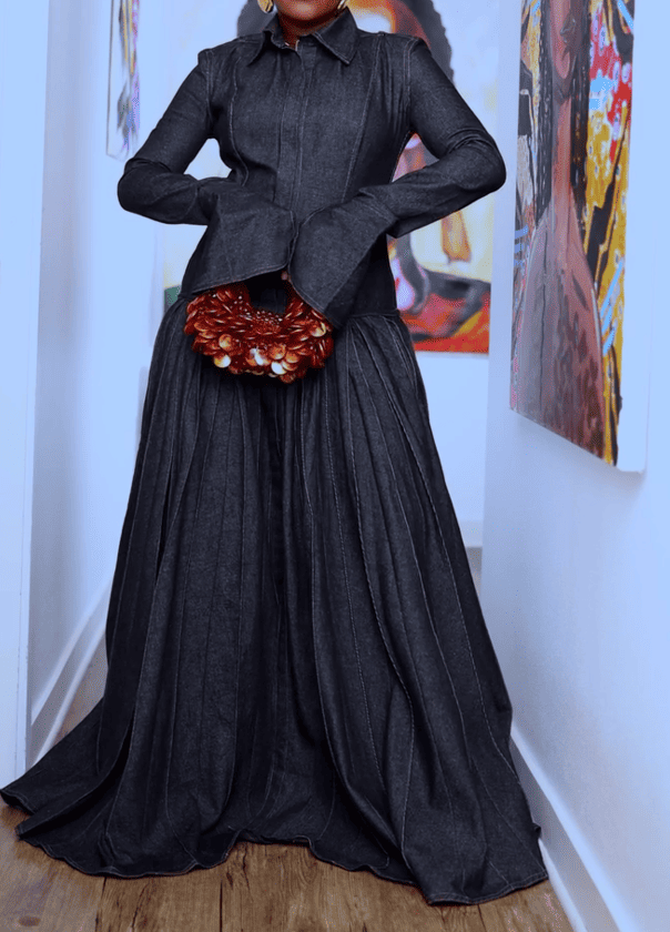 Pleated Flared Denim Dress