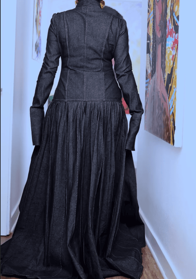 Pleated Flared Denim Dress