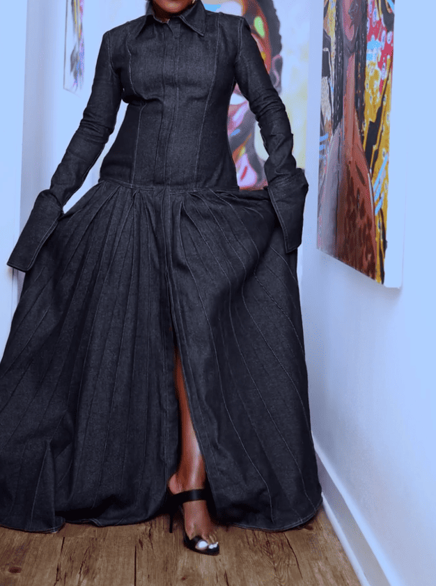 Pleated Flared Denim Dress