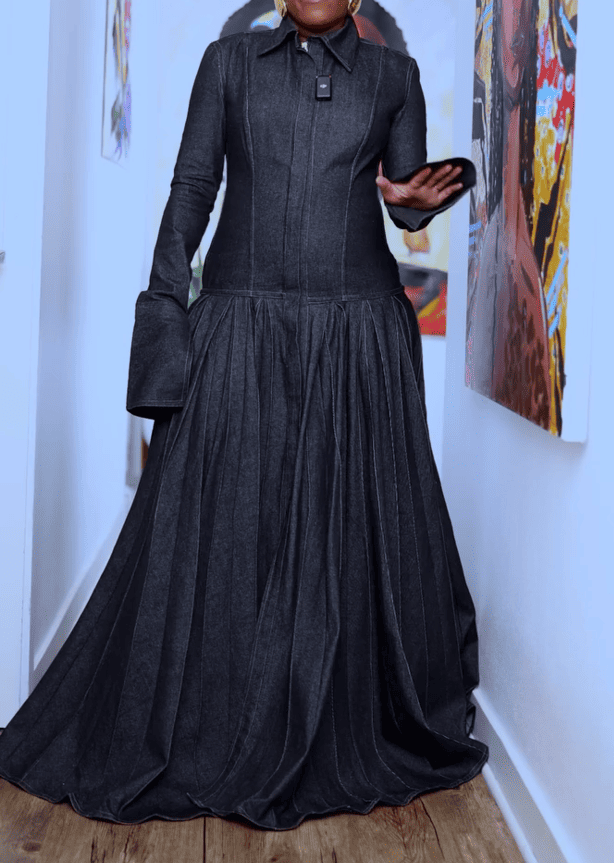 Pleated Flared Denim Dress
