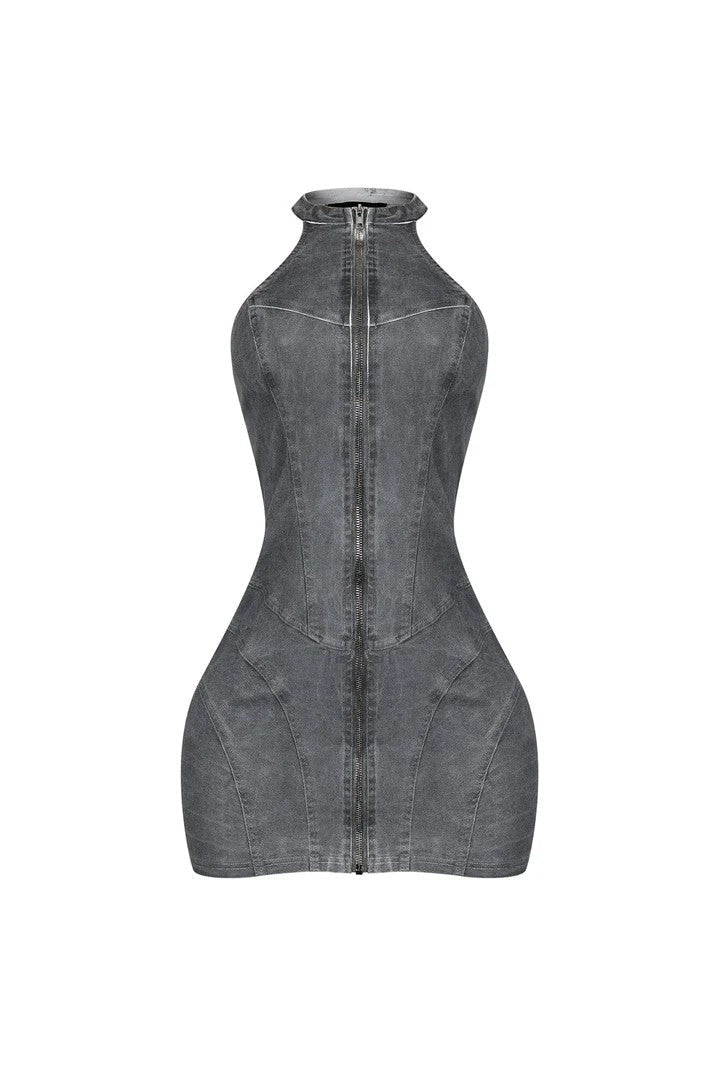 Denim Washed Halter Zip Up Mini Dress