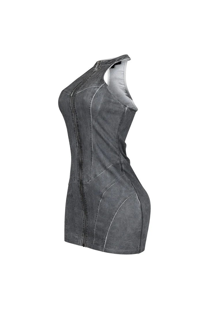 Denim Washed Halter Zip Up Mini Dress