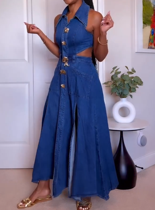 Cut-Out Sleeveless Lapel Denim Dress