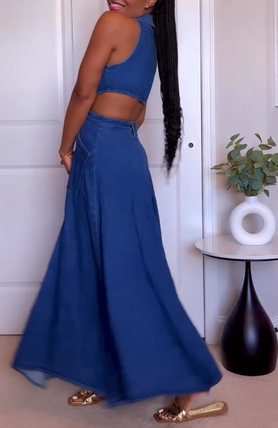 Cut-Out Sleeveless Lapel Denim Dress