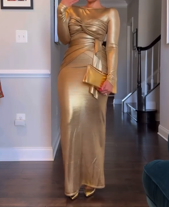 Gold Pleated Slim Dress