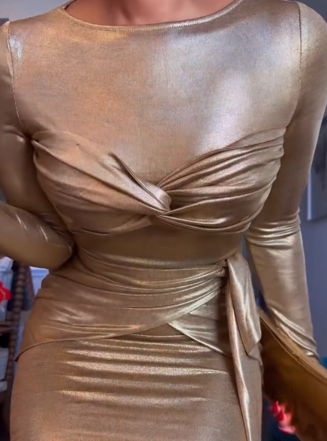 Gold Pleated Slim Dress