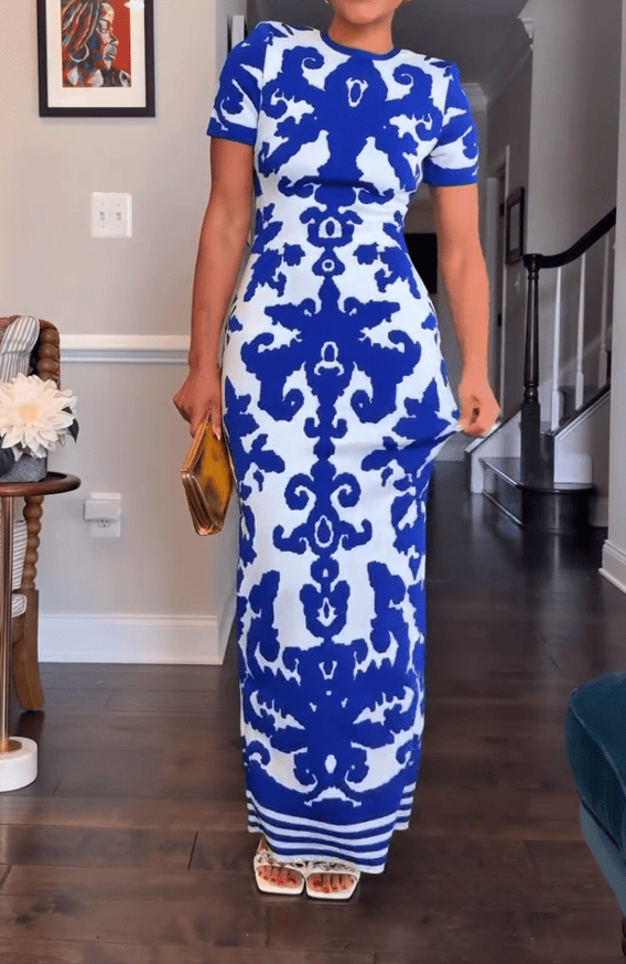 Blue Floral Round Neck Maxi Dress