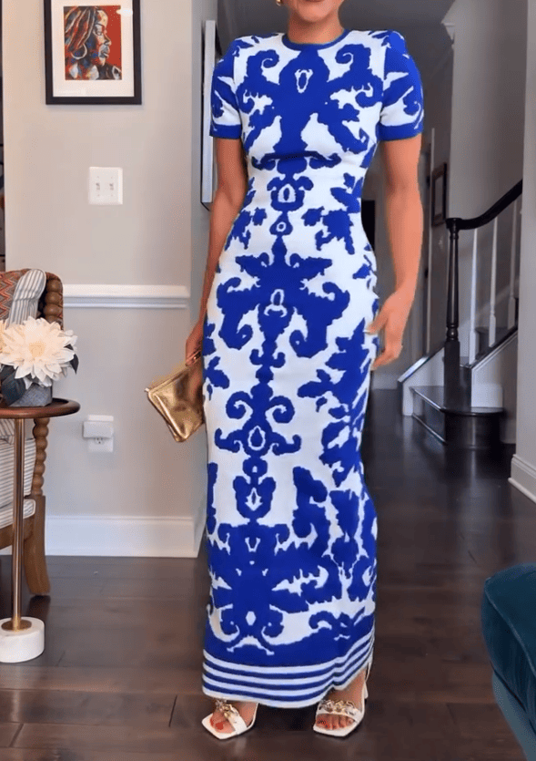 Blue Floral Round Neck Maxi Dress
