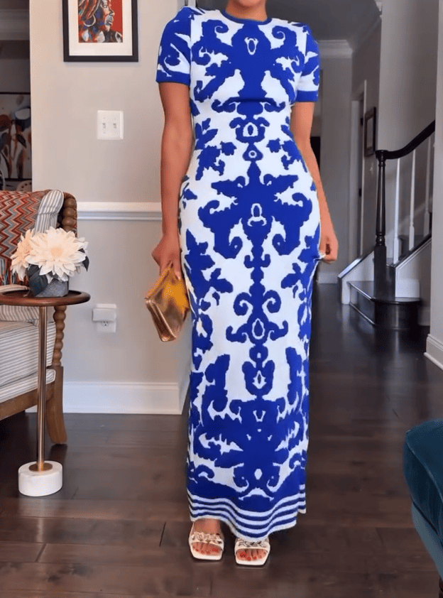 Blue Floral Round Neck Maxi Dress