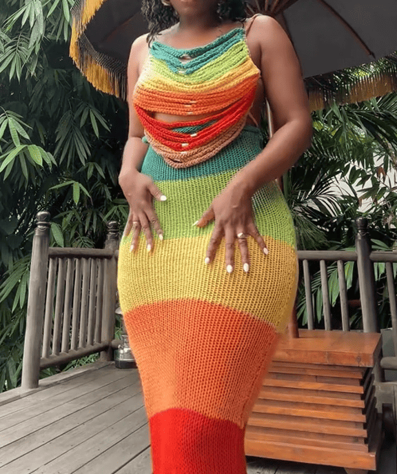 Color Block Stripe Crochet Beach Maxi Dress