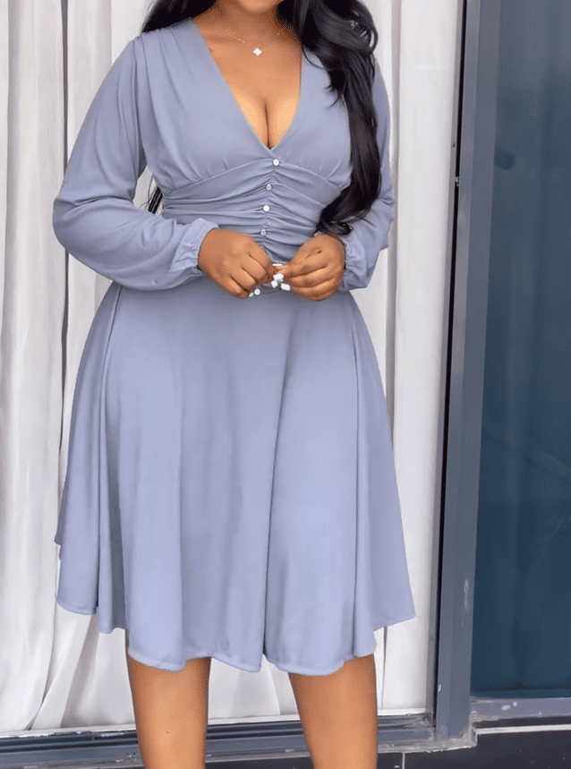 Blue V-neck long-sleeved dress