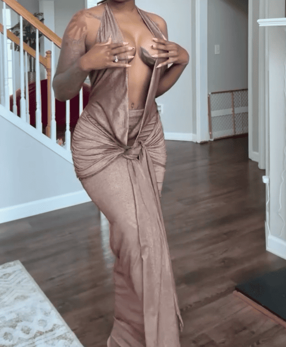 Plunge Drape Ruched Maxi Dress