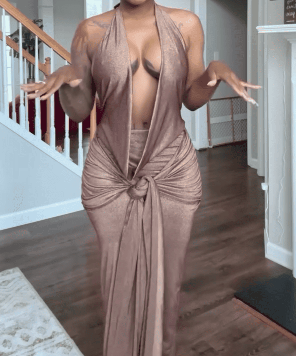 Plunge Drape Ruched Maxi Dress