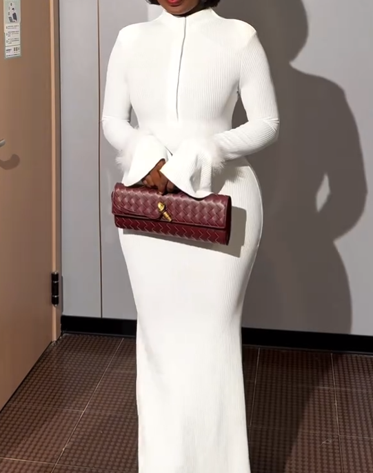 White Long Sleeve Button Elegant Maxi Dress