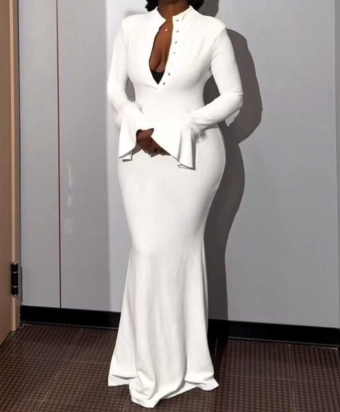 White Long Sleeve Button Elegant Maxi Dress