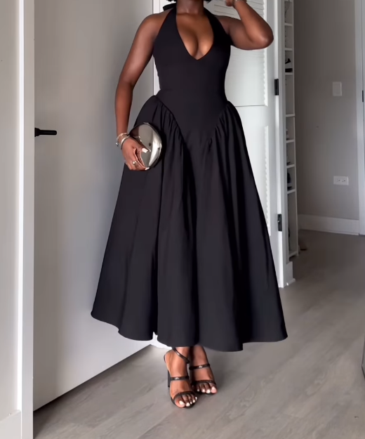 Solid Color V-Neck Waist-cinching Dress