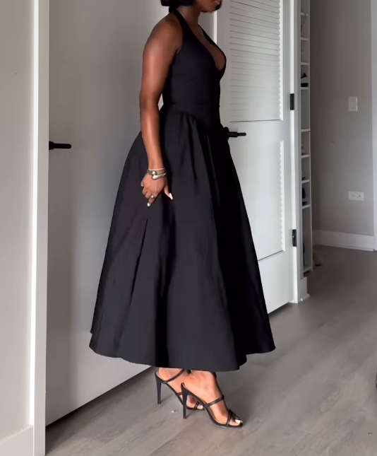 Solid Color V-Neck Waist-cinching Dress