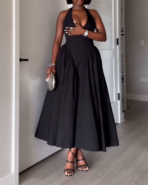 Solid Color V-Neck Waist-cinching Dress