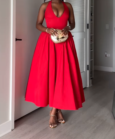 Solid Color V-Neck Waist-cinching Dress