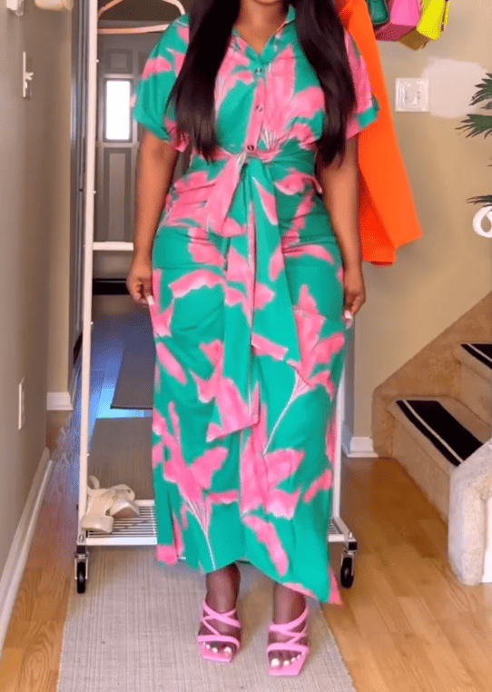 Floral Split Belted Midi Dress