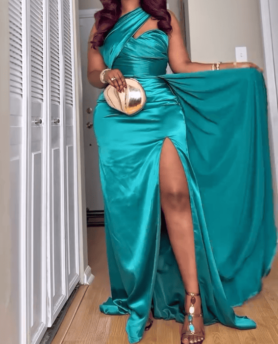 One-Shoulder Satin High Slit Evening Dresses