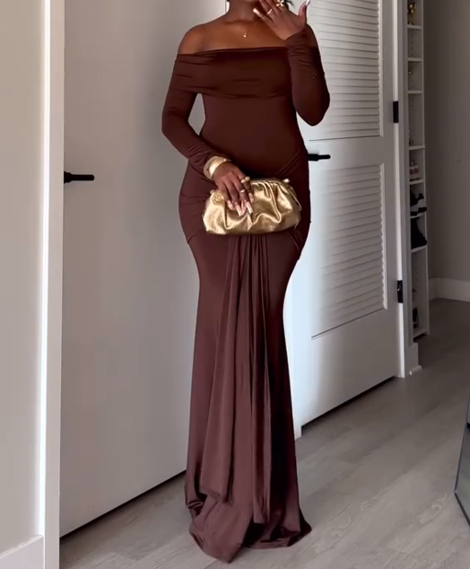 Long Sleeve Maxi Dress In Brown Slinky