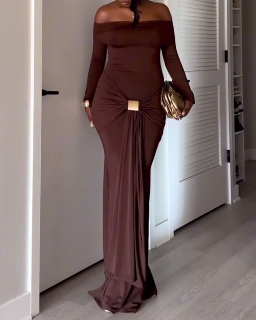 Long Sleeve Maxi Dress In Brown Slinky