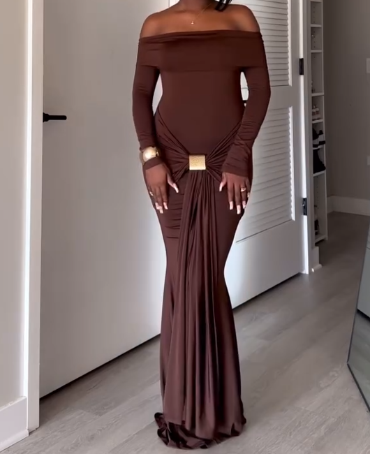 Long Sleeve Maxi Dress In Brown Slinky