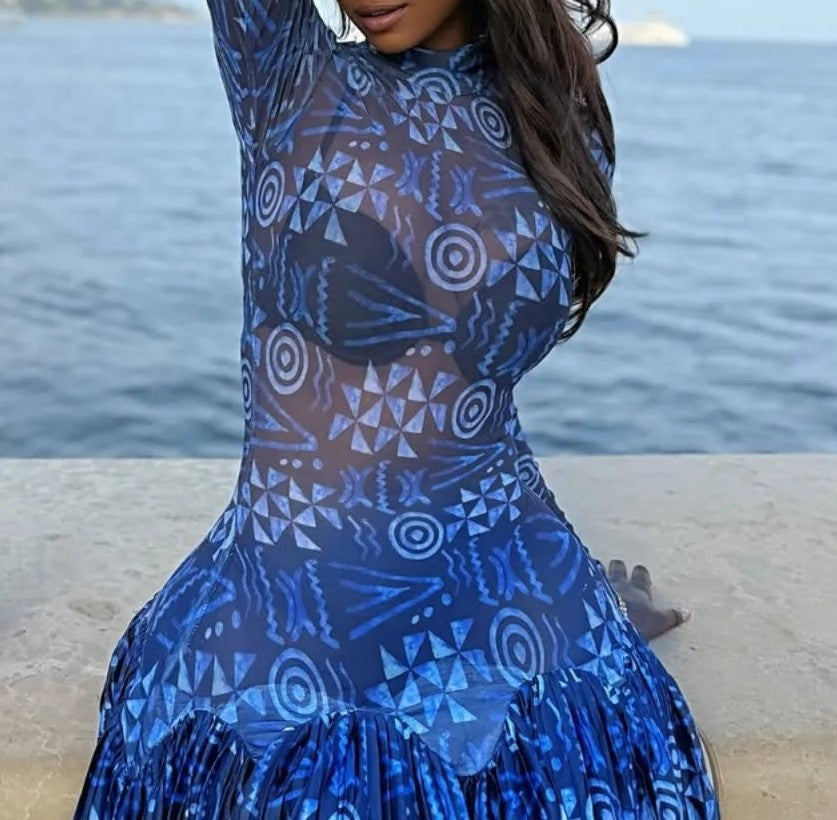 Blue Floral Long Sleeve Maxi Dress