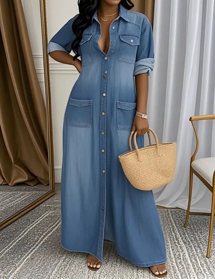 Ladies' Lapel Wash Water Splicing Pocket Casual Dress