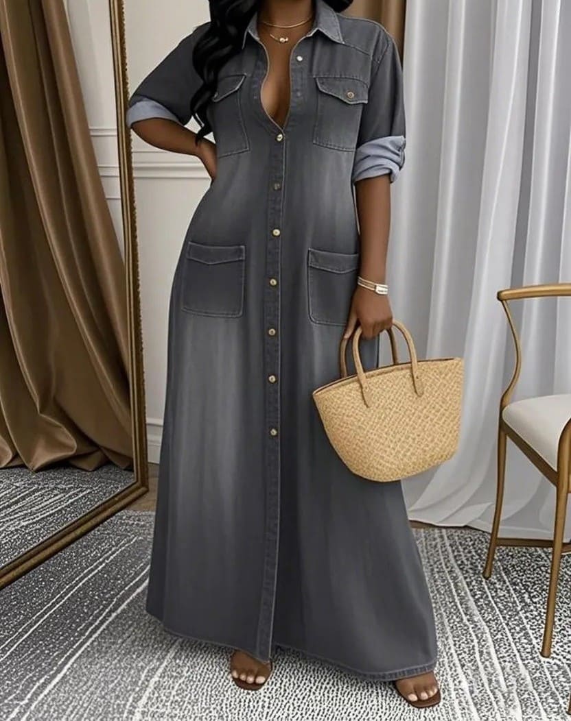 Ladies' Lapel Wash Water Splicing Pocket Casual Dress